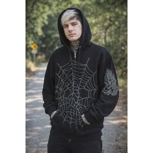 Lurking Class Men's Medium Gothic Streetwear Black Spider Web Graphic Zip Hoodie